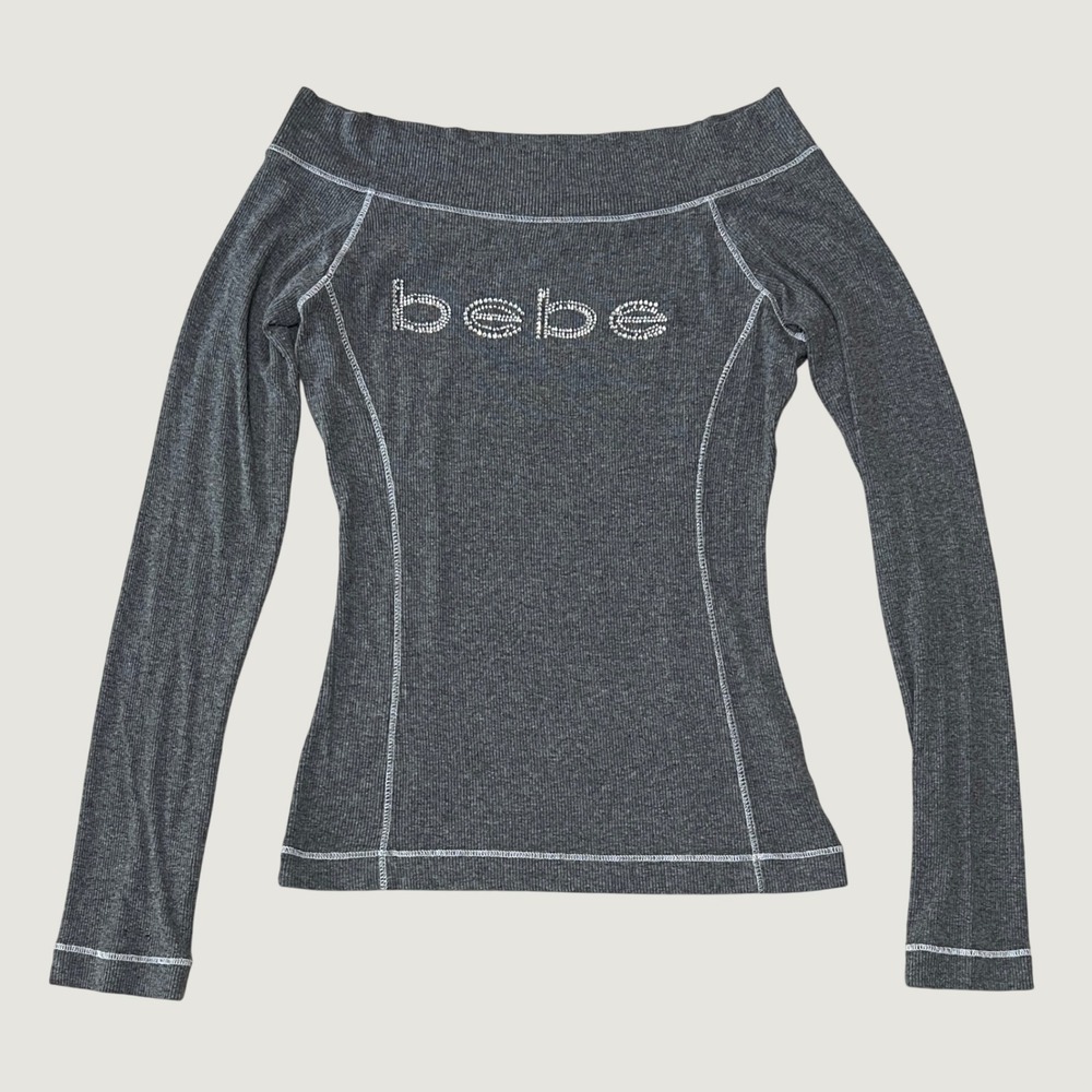 Y2K 2000s Bebe Off Shoulder Gray Long Sleeve Top Rhinestone Logo Medium